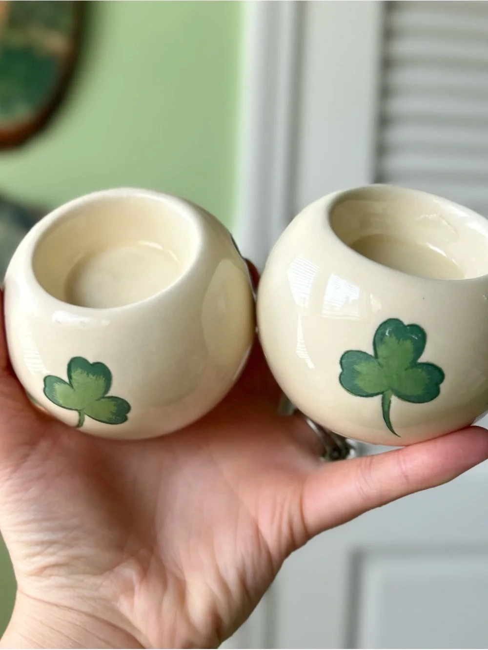 Vintage Cream & Green Shamrock Ceramic Irish Candle Tealight Holder Set of 2